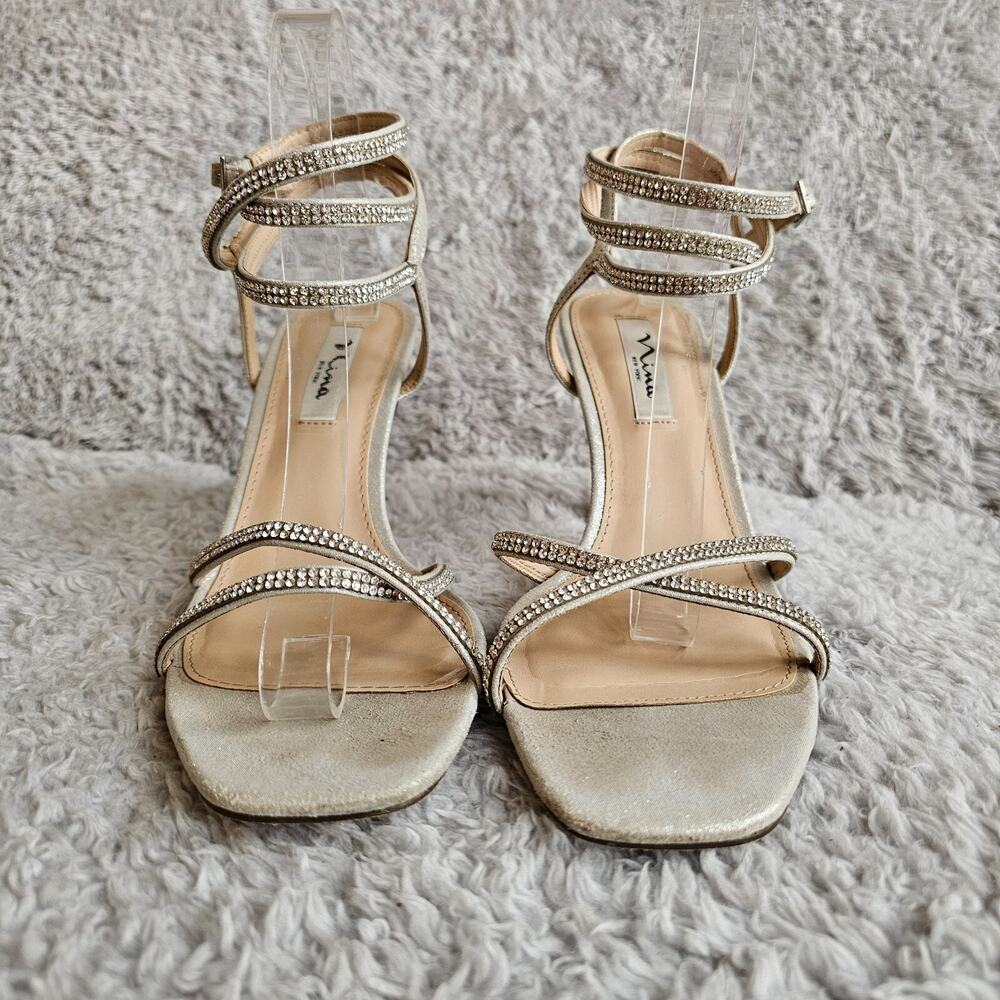 Nina Womens DENISE Silver Strappy Pumps Rhinestone Ankle Straps Formal Sz 9M - Picture 3 of 8